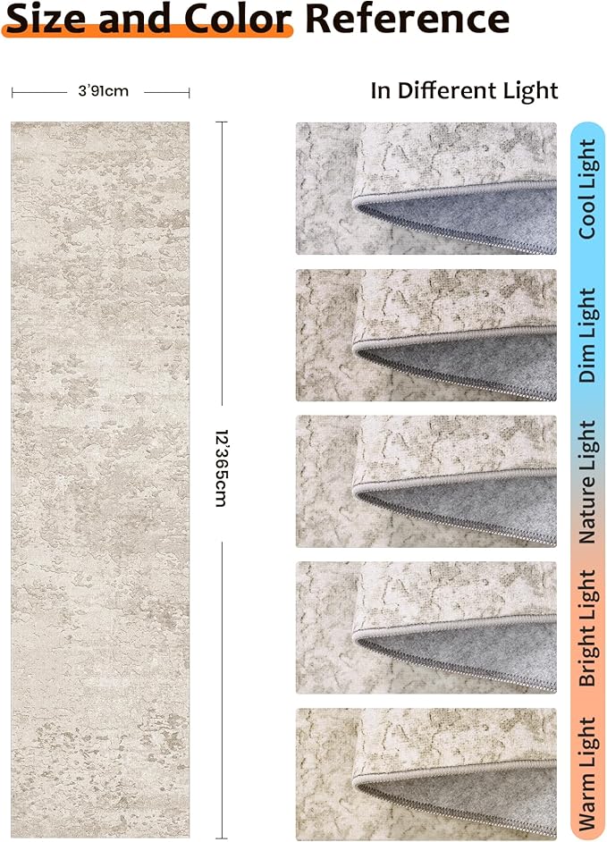Art&Tuft Non-Slip Runner Rug - 3x12 Runner Rug Washable Low-Pile Rugs Runners, Soft Distressed Carpet Runner for Bedroom Bathroom Kitchen Laundry Living Room, Beige