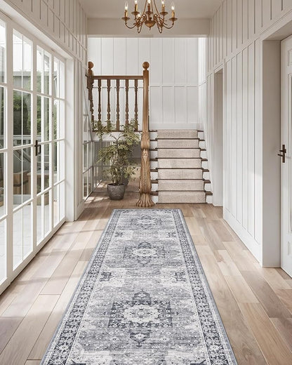LUMI Runner Rug 3x10, Washable Non-Slip Hallway Throw Rugs, Long Soft Thin Vintage Oriental Kitchen Mats, Low-Pile Indoor Kitchen Entryway Area Rug, Dusty Blue