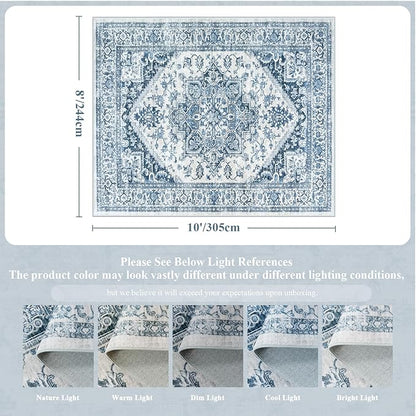 LIVEBOX Blue Washable Area Rug 8x10 - Large Vintage Tribal Living Room Rug Oriental for Bedroom, Non-Slip Retro Medallion Carpet Print Distressed for Dining Room Guest Office