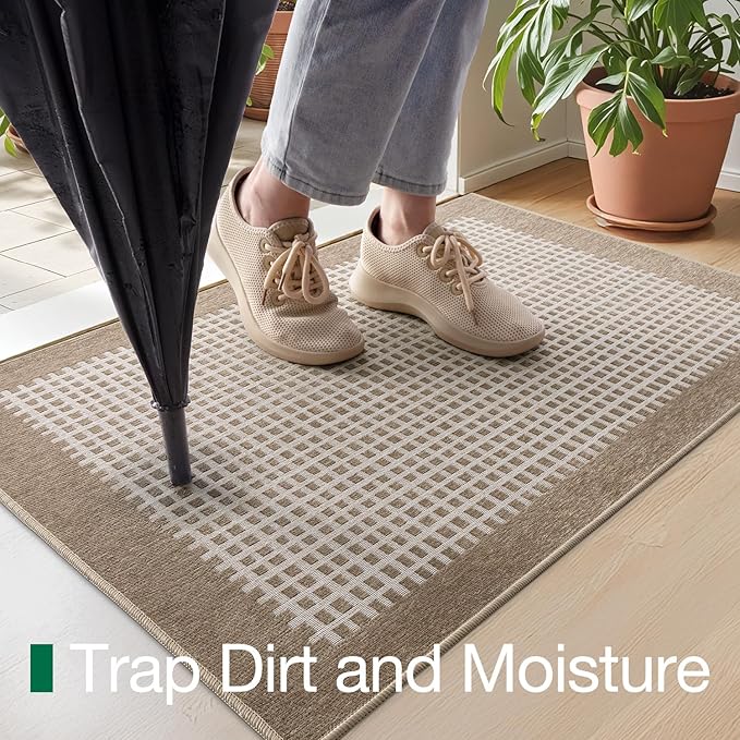LUMI Inside Door Mat for Entry 36''x56'', Absorbent, Dirt Trapper, Low Profile Thin, Non Slip Mats with Rubber Backing, Ideal for Indoor, High Traffic, Garage, Entrance, Checkered Beige