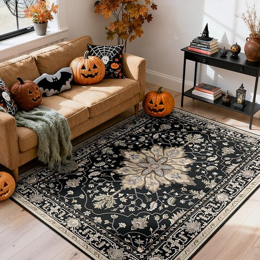 Area Rugs 4'x6' Washable Non-Slip, Floral Vintage Distress Print Pattern Medallion Carpet for Living Room Bedroom Dining Room, Black Brown Neutral Dark Tan