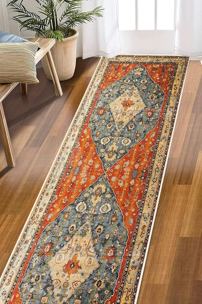 COMSLE Boho Runner Rug, 2' x 7' Washable Rugs for Hallway Faux Wool Small Kitchen Area Rug Distressed Throw Rug Non-Slip Laundry Room Rug Carpet Runner for Entryway Indoor Bedroom