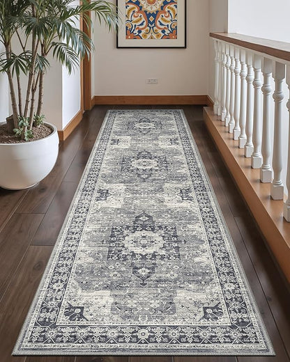 DEXI Hallway Runner Rug 3x8, Distressed Non Slip Runners Carpet, Boho Vintage Soft Thin Indoor Rug, Stain Resistant Washable Entry Mat for Entryway Kitchen Laundry Room Living Room, Blue Grey
