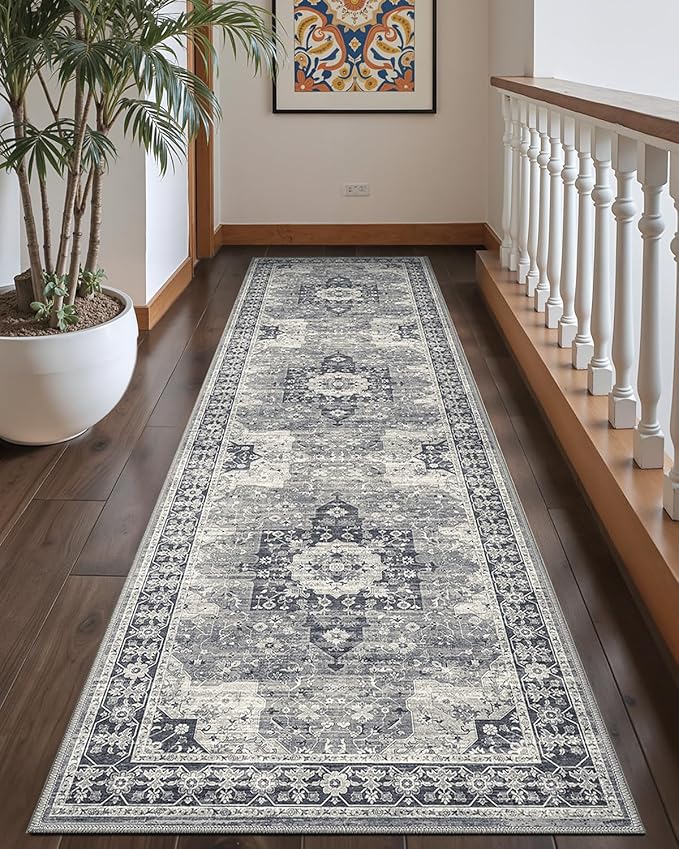 DEXI Hallway Runner Rug 3x12, Distressed Non Slip Runners Carpet, Boho Vintage Soft Thin Indoor Rug, Stain Resistant Washable Entry Mat for Entryway Kitchen Laundry Room Living Room, Blue Grey