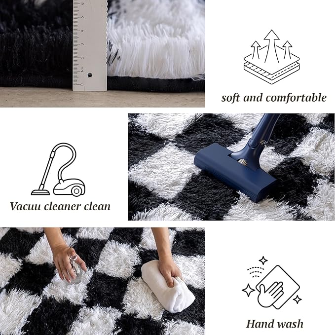 8x10 Area Rugs for Living Room Bedroom, Soft Fluffy Shaggy Bedside Rug, Indoor Floor Carpet for Kids Playroom, Dorms, Nursery Rooms, Home Decor (Black & White 8'x10')