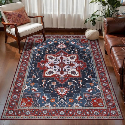 Tangsoo Oriental Red Rug 4x6 Washable Vintage Rugs Non Slip Indoor, Distressed Carpet for Living Room, Dining Room, Soft Low Pile Rugs Boho Foldable Floor for Bedroom Dorm Bedside Bathroom