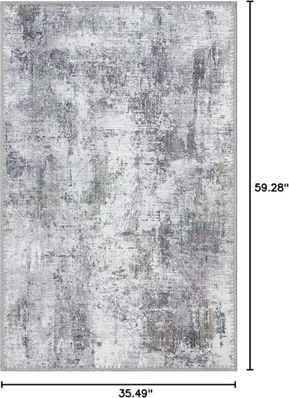 GLN Rugs Contemporary Collection - Machine Washable Area Rug, Contemporary Washable, Non Slip, Low Pile Chenille Rug, Living Room, Bedroom, Kitchen Rug (3' x 5' Grey/Green)