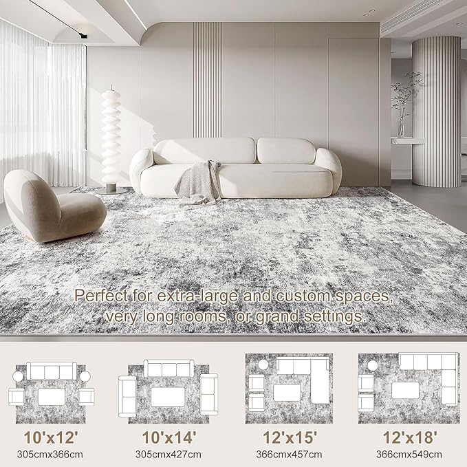 10x12 Area Rug Living Room Rugs - Washable Neutral Modern Abstract Soft Thin Large Rug Indoor Floor No Slip Rug Carpet for Bedroom Under Dining Table Home Office Decor - Grey