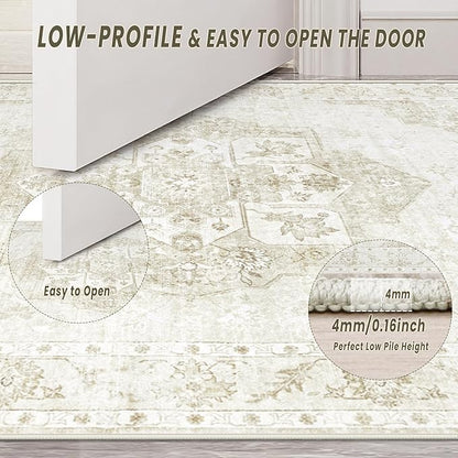 5x7 Area Rugs Washable Rugs for Living Room, Vintage Boho Rug Non-Slip Soft Floral Distressed Rug Low Pile Stain Resistant Carpet for Bedroom Nursery Office Dining Room Farmhouse Dorm(Beige, 5'x7')