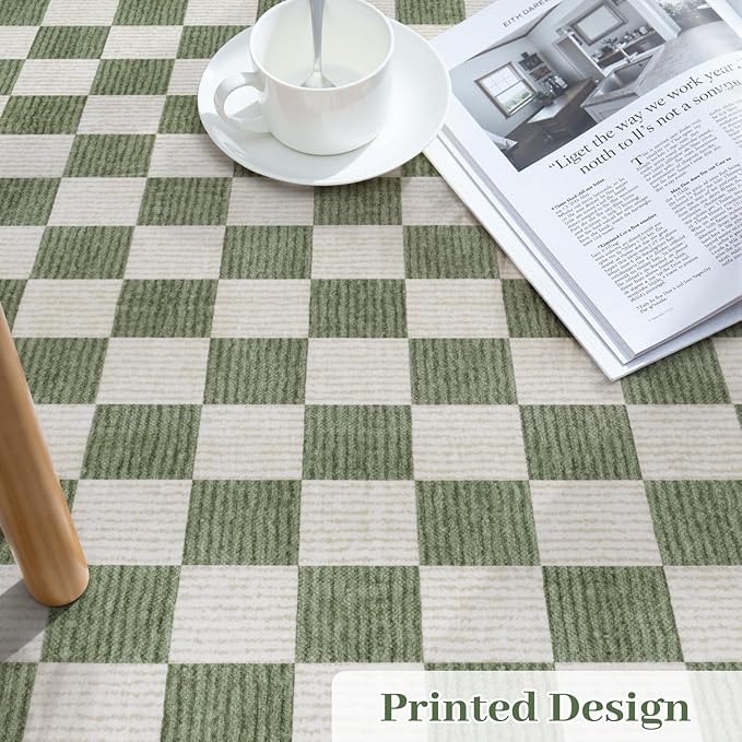 LIVEBOX Machine Washable Area Rug 6x9 Checkered, Non Slip Soft Large Bedroom Living Room Rug Farmhouse Neutral Classic Geometric Pattern Boys Rug, Indoor Carpet for Den Dorm Playroom(Sage Green,6'x9')