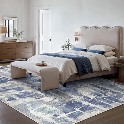 Washable Rug 8x10 Area Rug for Living Room Bedroom, Large Modern Abstract Rug Indoor Floor Carpets Low Pile No Shed Non-Slip with Rubber Backing Dining Room Kitchen Office (Blue, 8'x10')