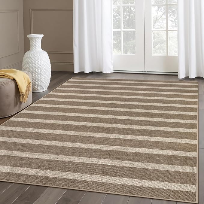 Lahome Striped Easy Jute Rug, 5x7 Dining Room Office Rug Washable Outdoor Patio Rug, Farmhouse Neutral Non Slip Stain Resistance Indoor Outdoor Carpet for Deck Classroom, Khaki