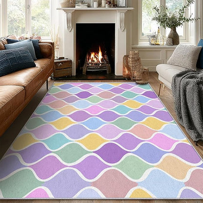 Washable 5x7 Abstract Wave Rug Living Room, Modern Geometric Colorful Design Area Rugs for Bedroom, Abstract Wave Home Decor Carpet, Low Pile, Non Slip, Kids & Pet Friendly (N4168)