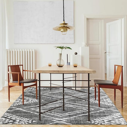 ReaLife Rugs Machine Washable Area Rug - Living Room Bedroom Bathroom Kitchen Entryway Office - Padded Low Pile Stain Resistant Premium - Moroccan Diamond Tribal - Jax - Gray 7'6" x 9'6"