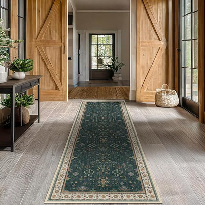 Dark Green Kitchen Rug 12 ft Long - Modern Vintage Boho Eclectic Floral with Brown Accent, Washable Low Pile Non-Slip Extra Long Wide Runner Rugs for Hallway, 3x12