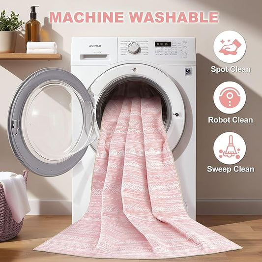Nakagishi Pink Rugs for Bedroom Girls: 5x8 Washable Boho Large Neutral Area Rug Cute Soft Modern Indoor Floor Non Slip Accent Carpet for Living Room Nursery Kids Playroom Dorm Preppy Baby Room Decor