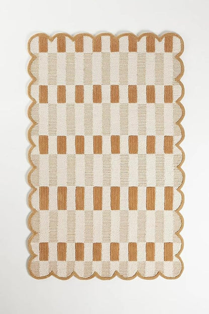 Hand-Tufted Wool Rug with Scalloped Edges, Light Blue Plaid Pattern, Cozy Soft Area Rug for Living Room, Bedroom, and Nursery, Handmade Modern Accent Rug (Neutral, 4X6 FEET)