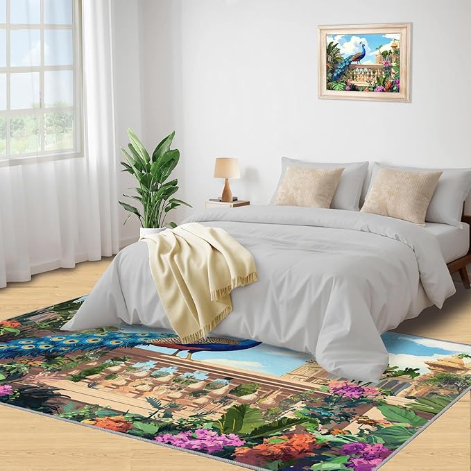Peacock Rugs for Living Room - 2x3 Rug, Tropical Palm Leaves Area Rugs for Bedroom, Peacock Decor Rug, Floral Animal Washable Carpet, Peafowl Carpet - Peafowl Home Decor & Gifts