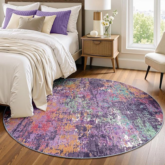 Washable Area Rugs 4ft Non-Slip Modern Abstract Soft for Living Room Entryway Bedroom Nursery, Print Pattern, Purple Orange Blue Green Rust Red Colorful