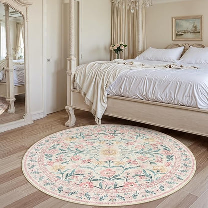 Wonnitar Washable Round Rugs 6ft, Pink Floral Circle Rug Large Round Carpet for Bedroom, Boho Soft Ultra-Thin Circular Carpets for Kids Playroom Living Room Nursery