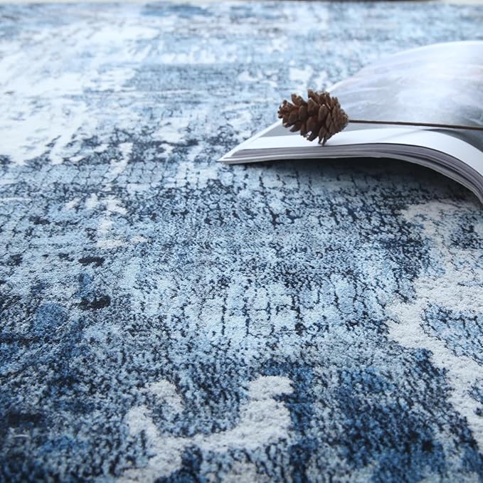 Rugcomf 4x6 Rug Washable Boho Soft Area Rug Abstract Pattern Non-Slip Faux Wool Vintage Rug for Living Room, Bedroom Rug, Farmhouse, Dining Room, Indoor, Kids Playroom, Blue