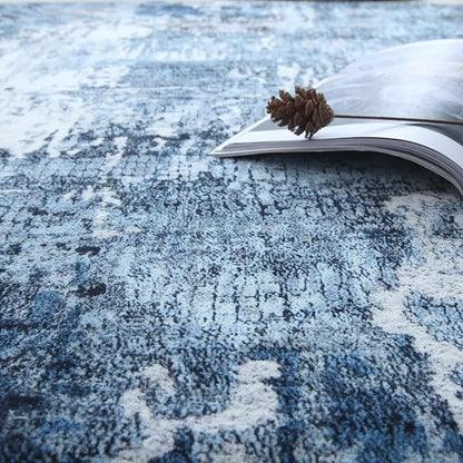 Rugcomf Area Rug 5x7 Washable Rug Boho Soft Abstract Pattern Non-Slip Non-Shedding Faux Wool Vintage for Living Room, Bedroom, Farmhouse, Dining Room, Indoor, Kids Playroom, Blue
