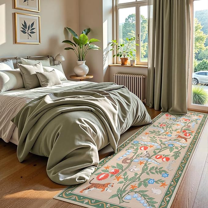 Collive Rug Runners for Hallway 2.6x8, Washable Jungle Animal Kitchen Runner Carpet Green Non Slip Bathroom Mats, Soft Low Pile Stain Resistant Entryway Rugs for Bedroom, Laundry Room