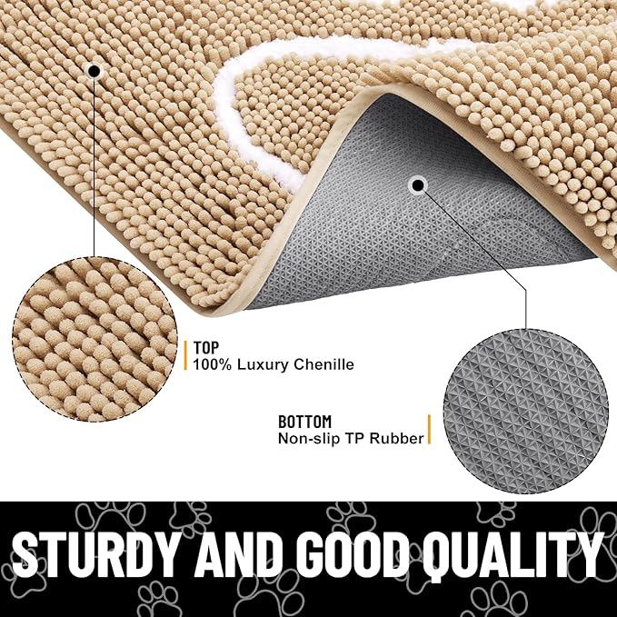 Smiry Dog Door Mat for Muddy Paws, Absorbent Dirt Trapper Non Slip Quick Dry Washable Chenille Mat for Mud Dogs, Entry Rug for Indoor and Outdoor (47x32 Inches, Beige and White)