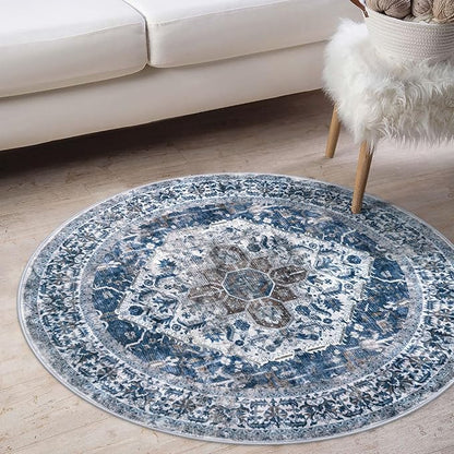 KOZYFLY Round Rug 3 Ft Rugs for Entryway Washable Circle Entrance Rug Non Slip Round Doormat Indoor Printed Faux Wool Round Front Door Mat Floor Carpet for Backdoor, Entryway, Bedroom, Blue