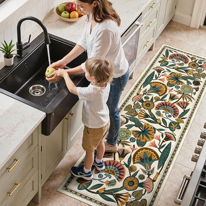 Washable Kitchen Runner Rug, Floral 2x6 Rug Runners for Hallways, Washbale Non Slip Beige Rugs, Soft Low Pile Carpet for Bedroom Entryway Laundry Room