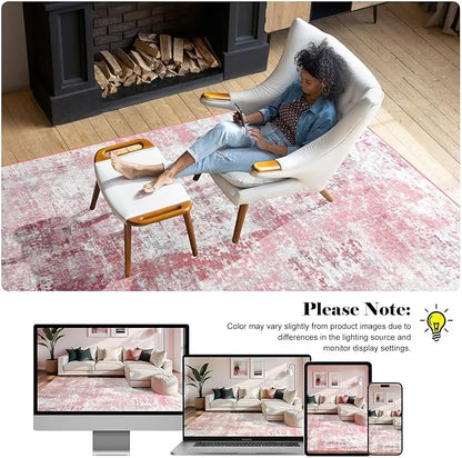 Washable Abstract Rug, 3x5 Modern Area Rugs with Non-Slip Rubber Backed for Bedroom, Thin but Soft Contemporary Carpet Kitchen Living Room Decor, Pink