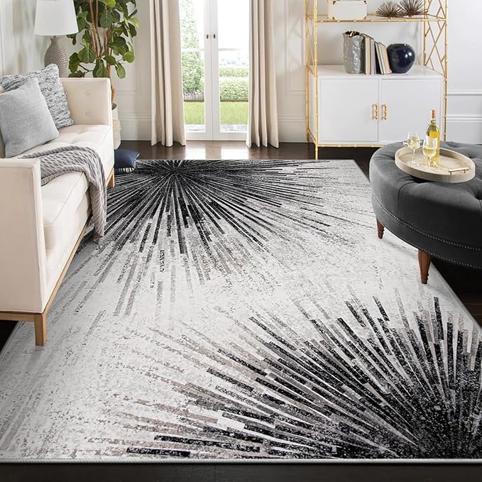 Lahome Modern Black 9x12 Rug for Living Room, Large Washable Area Rug Non-Slip Ultra-Thin Stain Resistant Rugs for Dining Room Table, Abstract Print Indoor Soft Rug for Bedroom Office (Black, 9'x12')