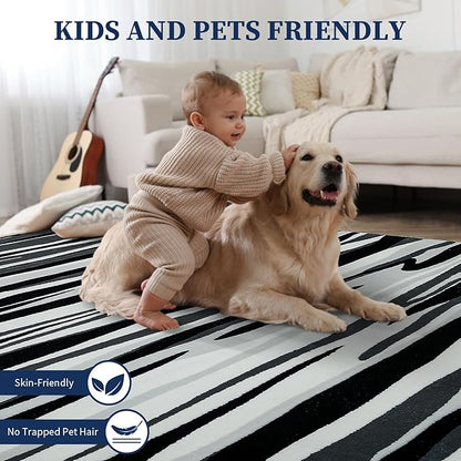 YIHOUSE 5×7 Ft Area Rugs for Living Room: Modern Abstract Black Grey and White Rug - Nonslip Washable Striped Rug for Bedroom Dining Room Office Playroom Nursery Home Decor