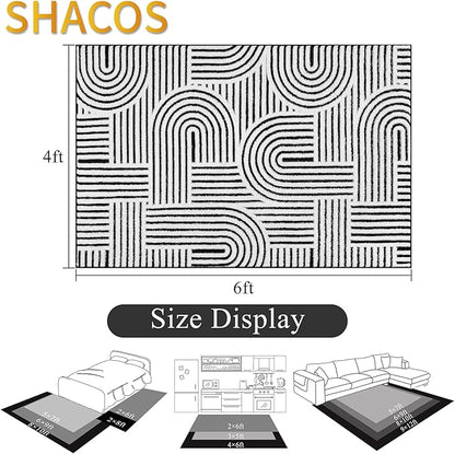 SHACOS Soft Cozy Fluffy Arch Pattern High Low Pile Rugs 4'x6' Non Slip Washable Scandinavian Minimalist Rug Modern Geometric Arc Carpet for Living Room Bedroom Dining Room, Black White