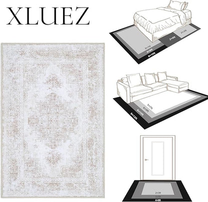 Area Rug 8x10 Living Room Rug, Machine Washable Vintage Distressed Medallion Rug Non-Slip Soft Low Pile Large Indoor Rugs for Bedroom Kitchen Dining Room Office(Beige,8'x10')