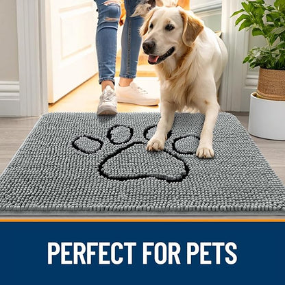 OLANLY Dog Door Mat for Muddy Paws 48x30, Paw Print Design, Absorbs Moisture and Dirt, Absorbent Non-Slip Washable Doormat, Quick Dry Chenille Mud Mat for Dogs, Entry Indoor Entryway Carpet, Grey