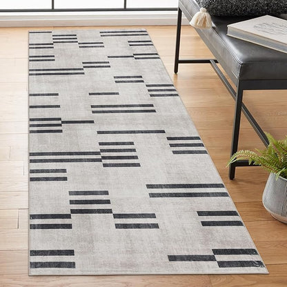 ReaLife Rugs Machine Washable Area Rug Runner - Living Room Bedroom Bathroom Kitchen Entryway Office -Non-Slip Baking Low Pile Stain Resistant Premium - Modern Geometric Loki-Beige & Black 2'6" x 6'