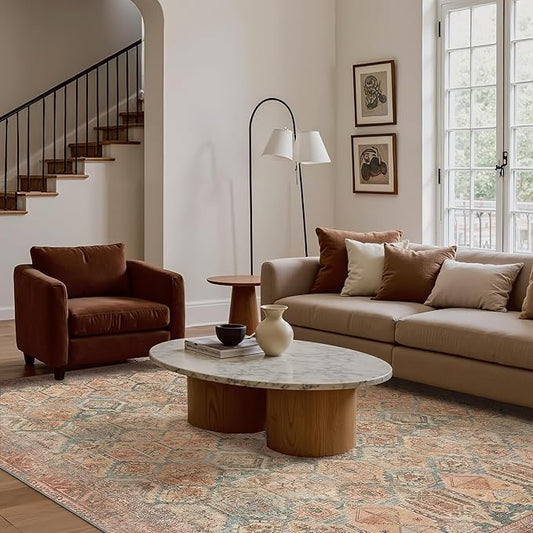 Bavni Washable Rug 5x7 Area Rug for Living Room Bedroom Dining, Washable Vintage Print Carpet, Ultra-Thin Chenille Low Pile Lightweight Rug with Non Slip Backing, Clay