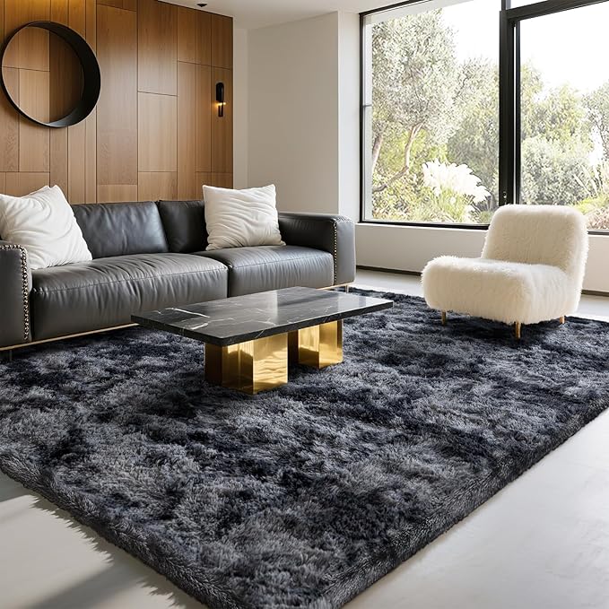 6x9 Area Rugs for Living Room Bedroom, Soft Fluffy Shaggy Bedside Rug, Indoor Floor Carpet for Kids Playroom, Dorms, Nursery Rooms, Home Decor (Tie-Dyed Dark Grey 6'x9')
