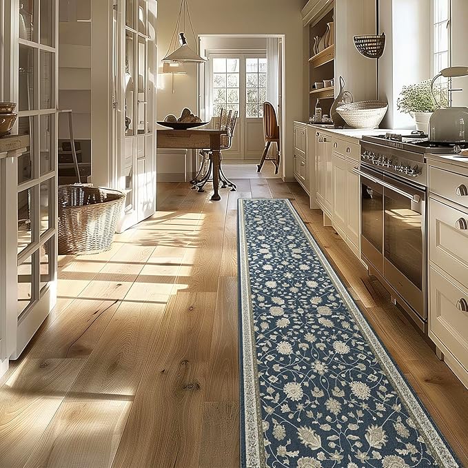 EVERGRACE Hallyway Area Runner Rugs 2x10, Boho Floral Faux Wool Indoor Outdoor Rugs, Washable Rugs for Bedroom Dining Room Living Room Kitchen, Low Pile Floor Mat Carpet for Home Decor, Navy Blue