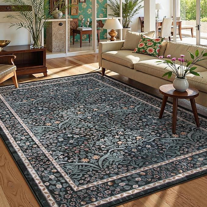 Lahome Floral Area Rugs 5x7, Soft Washable Rugs for Living Room Bedroom, Boho Non Slip Low Pile Forest Design Large Throw Carpet for Farmhouse Dining Room Office, Black