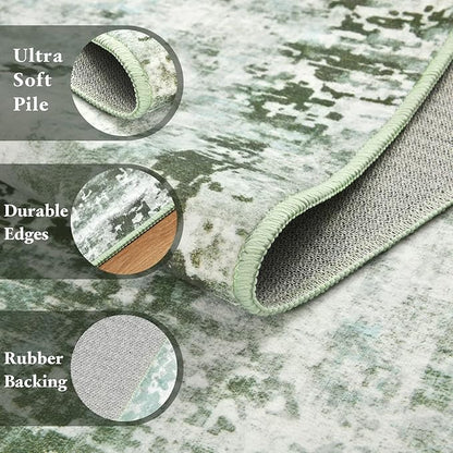 Washable Abstract Rug, 4x6 Modern Area Rugs with Non-Slip Rubber Backed for Living Room, Thin but Soft Contemporary Carpet Kitchen Bedroom Decor, Green