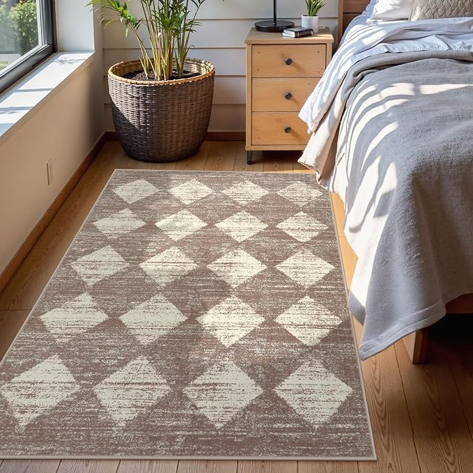 Lahome Moroccan Treills Area Rug - 3x5 Beige Rugs for Living Room Washable Entry Mat, Checkered Modern Soft Pet Friendly Indoor Accent Carprt for Coffee Table Bedroom Family Dinning Room Playroom