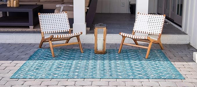 Unique Loom Outdoor Trellis Collection Area Rug - Tribal Trellis (6' 1" x 9' Rectangle, Teal/ Ivory)