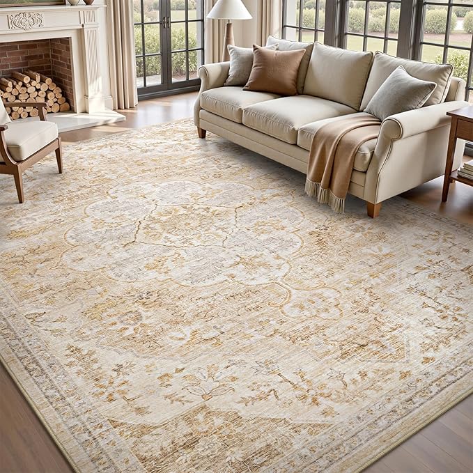 tchdio 8x10 Area Rugs for Living Room, Vintage Non Slip Washable Rug, Soft Low Pile Neutral Area Rug Large Floor Indoor Carpet for Bedroom, Dining Room, Office (Beige, 8'x10')