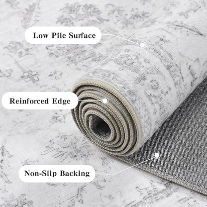 9x12 Vintage Washable Area Rugs Boho Medallion Large Distressed Retro Accent Carpet Floral Non-Slip Soft Low Pile Indoor Throw Rug for Living Room Bedroom Dining Room Office Kitchen, Gray
