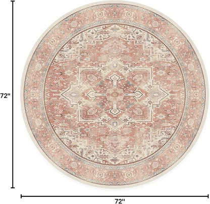 RUGGABLE Washable Area Rug – Kamran Rose Pink 6 ft Round, Stain-Resistant, Non-Slip – Medium Machine Washable Rugs for Living Room, Bedroom, Hallway, Entryway & Office–with Standard Pad