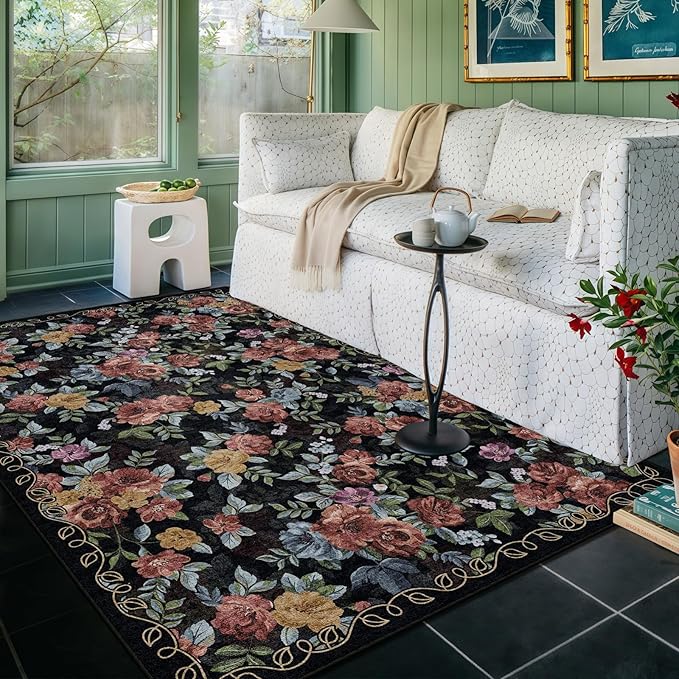 4x6 Machine Washable Area Rug for Living Room, Black Vintage Boho Floral Rug Large Non-Slip Low Pile Soft Faux Wool Carpet, Kids and Pets Friendly for Bedroom Dining Room Farmhouse Home Decor Rug