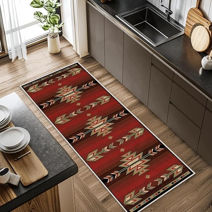 Red Arrow Runner Rug, 4x12ft Retro Geometric Hallway Runner Rug - Corridor & Busy Home Foyer Rugs, Washable Flannel Non-Slip Mat, Southwestern Tribe Decor Carpet for High-Traffic Areas