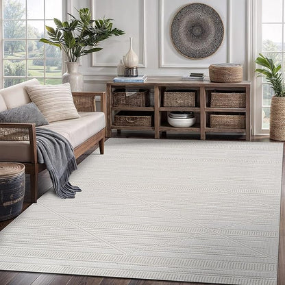 CAMILSON Micro Loop Rug 5x7 Modern Luxury Geometric Pattern Area Rugs Soft High and Low Pile Stain Resistant Easy-Cleaning Non-Shedding for Living Room Office Indoor Carpet (5 x 7 / White)